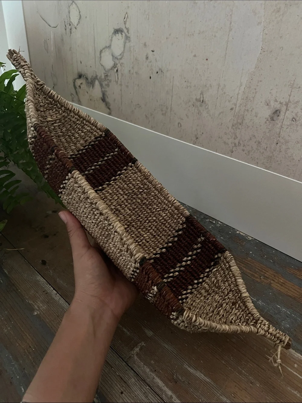 Vintage Ethiopian African Hand-Woven Striped Gambela Canoe Bread Basket
